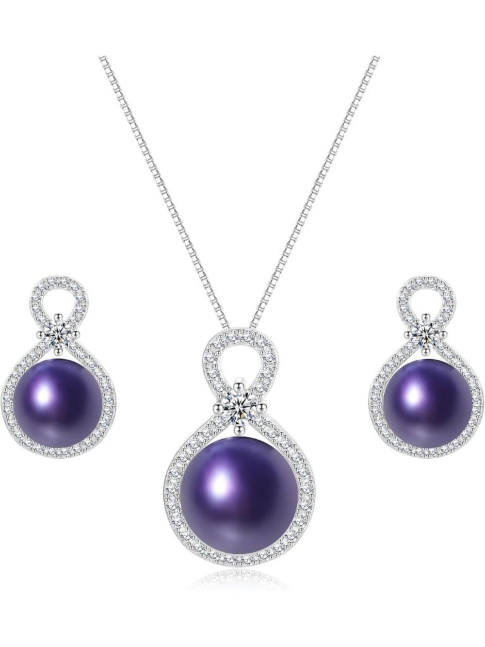 Elegant Pearl Necklace & Earrings Set - Blue, Black, Gold, White, Purple